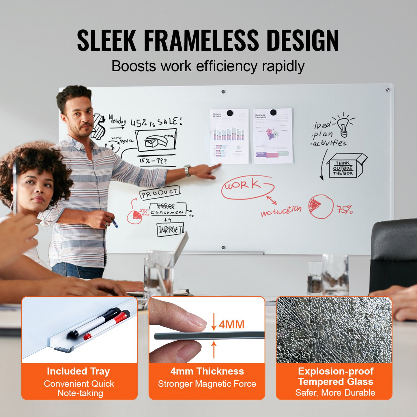 VEVOR Magnetic Glass Whiteboard, Dry Erase Board 72"x36", Wall-Mounted Large White Glassboard Frameless, with Marker Tray, an Eraser and 2 Markers, White