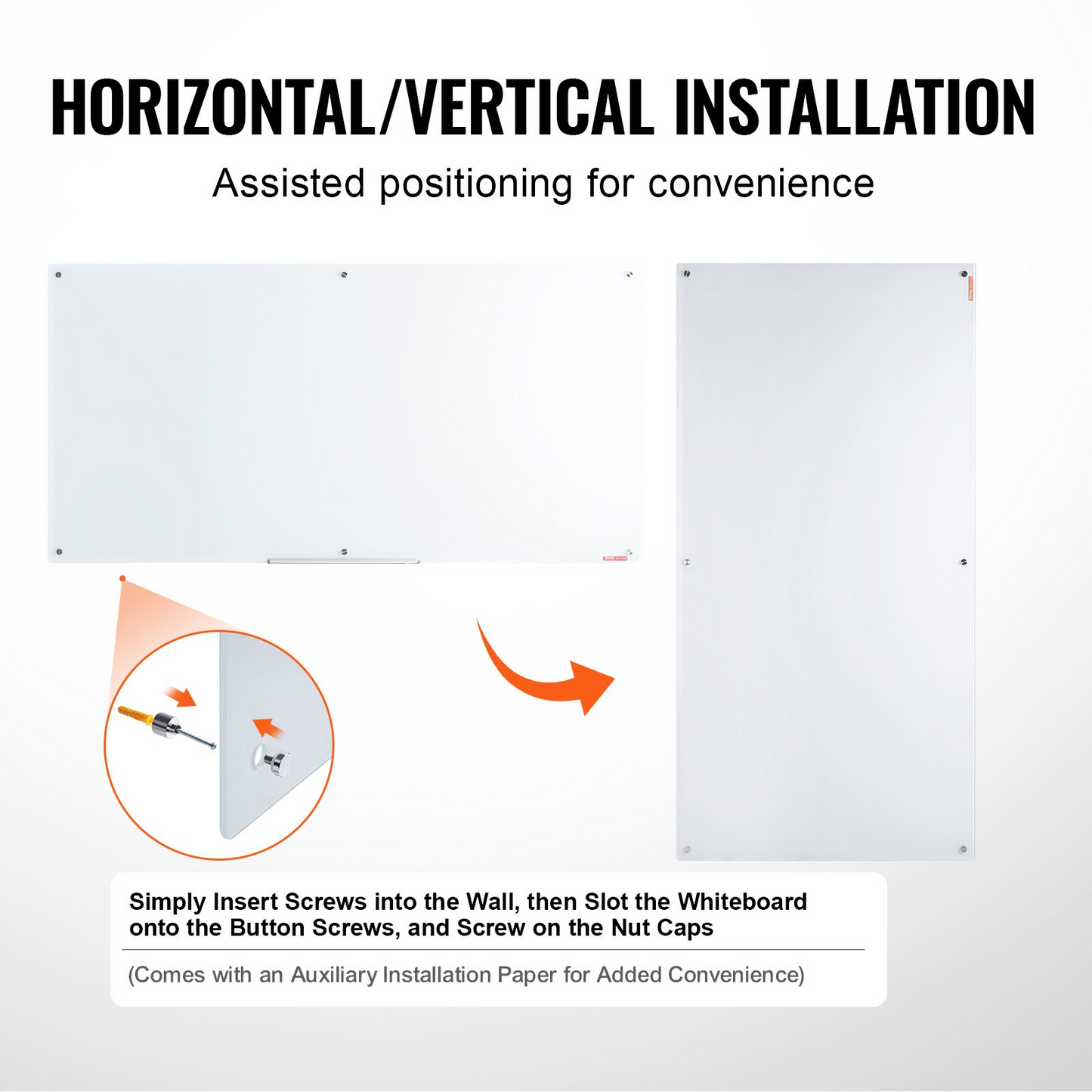 VEVOR Magnetic Glass Whiteboard, Dry Erase Board 72"x36", Wall-Mounted Large White Glassboard Frameless, with Marker Tray, an Eraser and 2 Markers, White