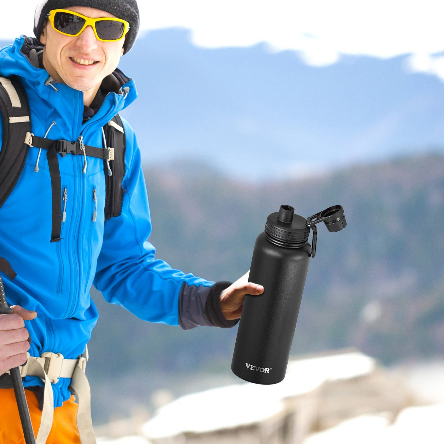 40 oz Insulated Water Bottle Stainless Steel with Wide Mouth Lid Black