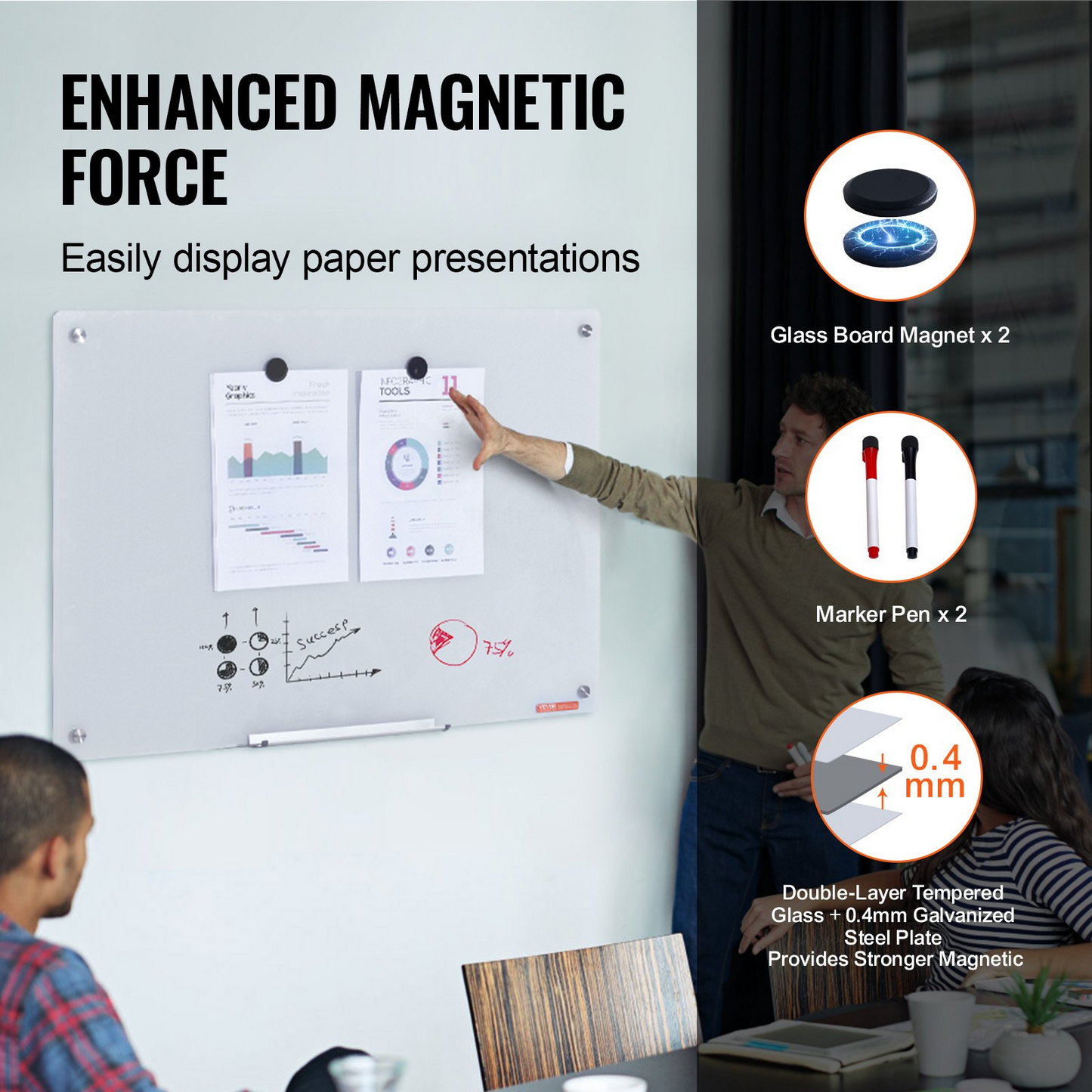 VEVOR Magnetic Glass Whiteboard, Dry Erase Board 36"x24", Wall-Mounted Large White Glassboard Frameless, with Marker Tray, an Eraser and 2 Markers, White