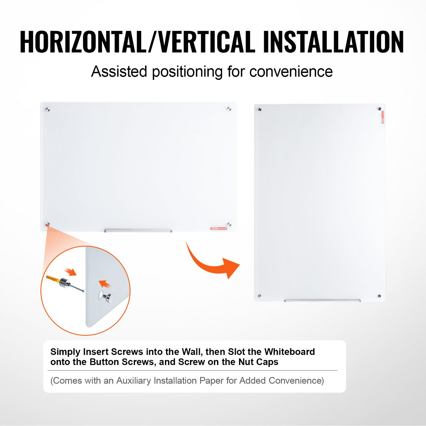 VEVOR Magnetic Glass Whiteboard, Dry Erase Board 36"x24", Wall-Mounted Large White Glassboard Frameless, with Marker Tray, an Eraser and 2 Markers, White