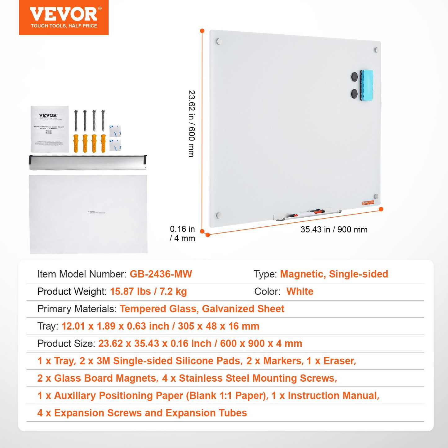 VEVOR Magnetic Glass Whiteboard, Dry Erase Board 36"x24", Wall-Mounted Large White Glassboard Frameless, with Marker Tray, an Eraser and 2 Markers, White