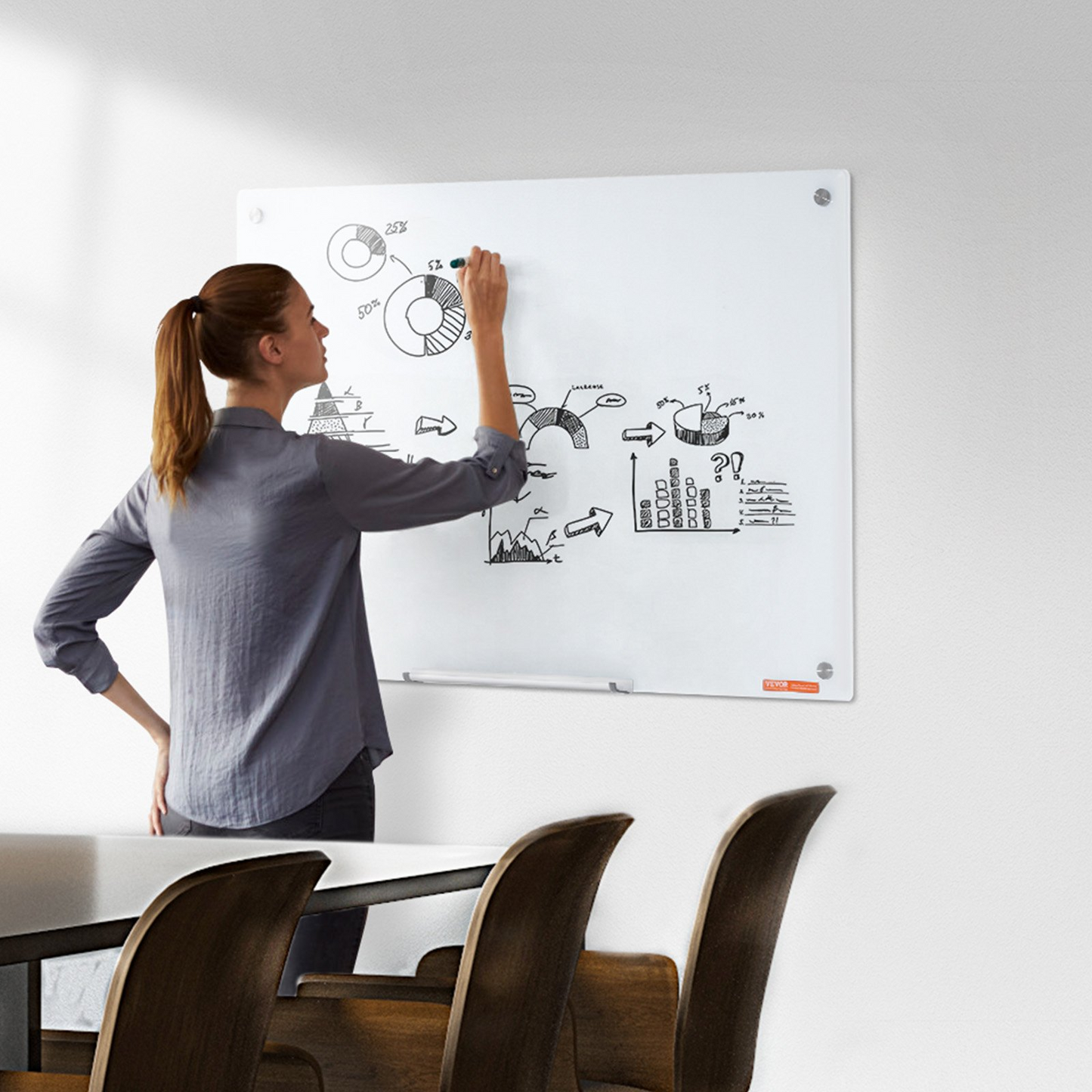 VEVOR Magnetic Glass Whiteboard, Dry Erase Board 36"x24", Wall-Mounted Large White Glassboard Frameless, with Marker Tray, an Eraser and 2 Markers, White