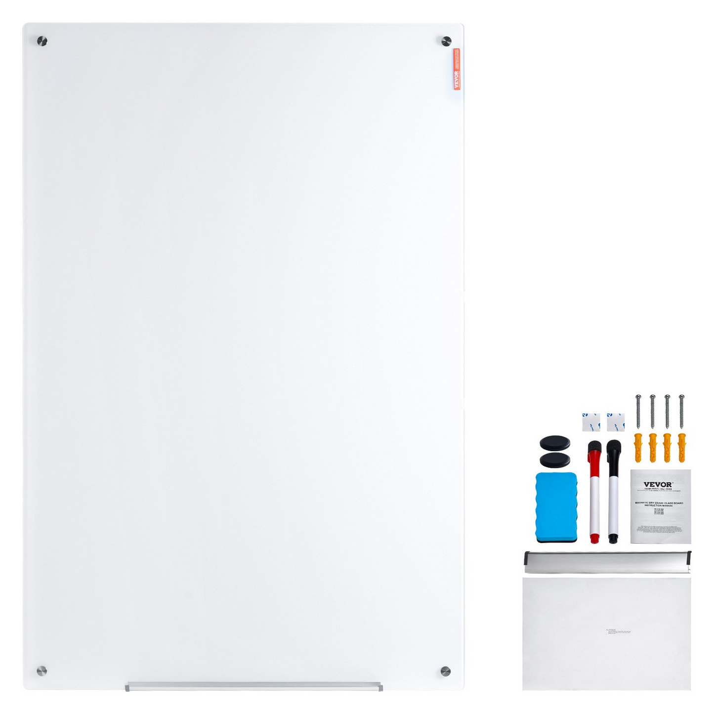 VEVOR Magnetic Glass Whiteboard, Dry Erase Board 36"x24", Wall-Mounted Large White Glassboard Frameless, with Marker Tray, an Eraser and 2 Markers, White