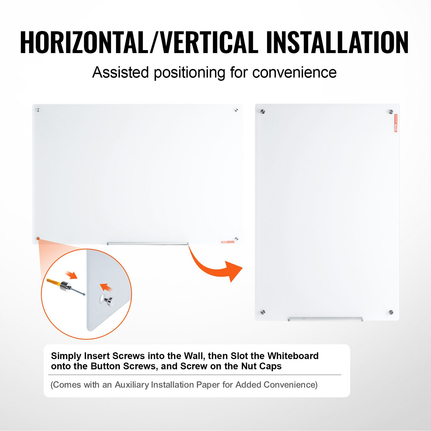 VEVOR Magnetic Glass Whiteboard, Dry Erase Board 48"x32", Wall-Mounted Large White Glassboard Frameless, with Marker Tray, an Eraser and 2 Markers, White