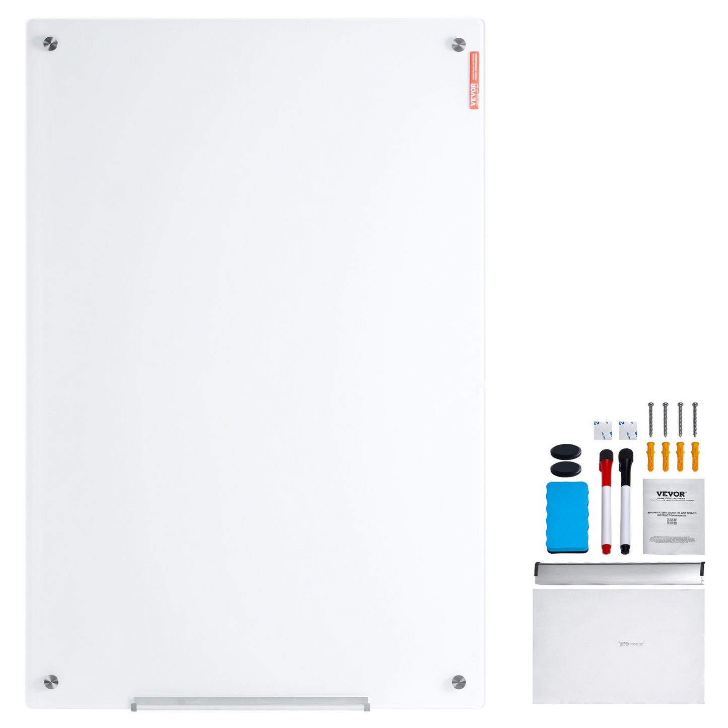 VEVOR Magnetic Glass Whiteboard, Dry Erase Board 48"x32", Wall-Mounted Large White Glassboard Frameless, with Marker Tray, an Eraser and 2 Markers, White