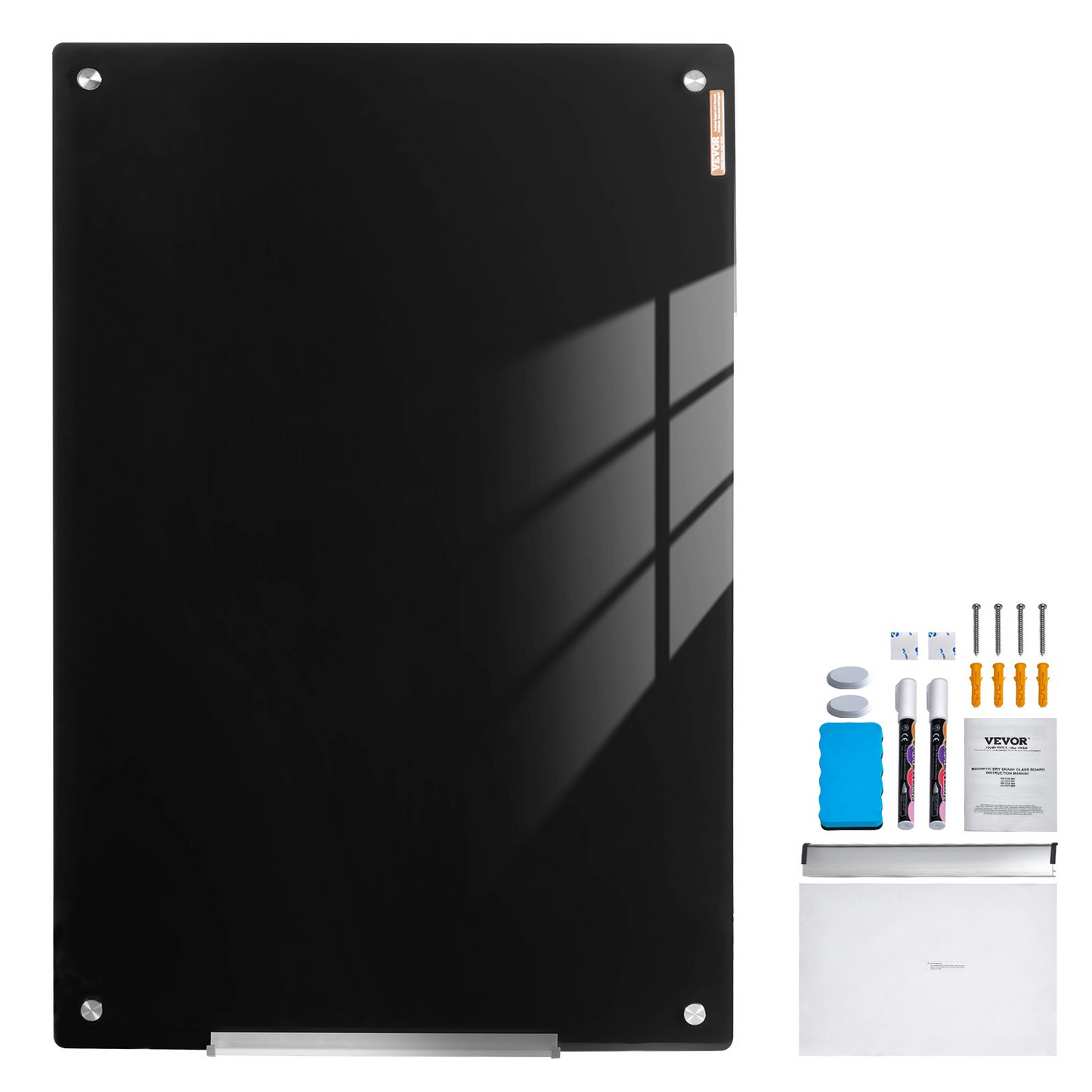 VEVOR Magnetic Glass Whiteboard, Dry Erase Board 36"x24", Wall-Mounted Large White Glassboard Frameless, with Marker Tray, an Eraser and 2 Markers, Black