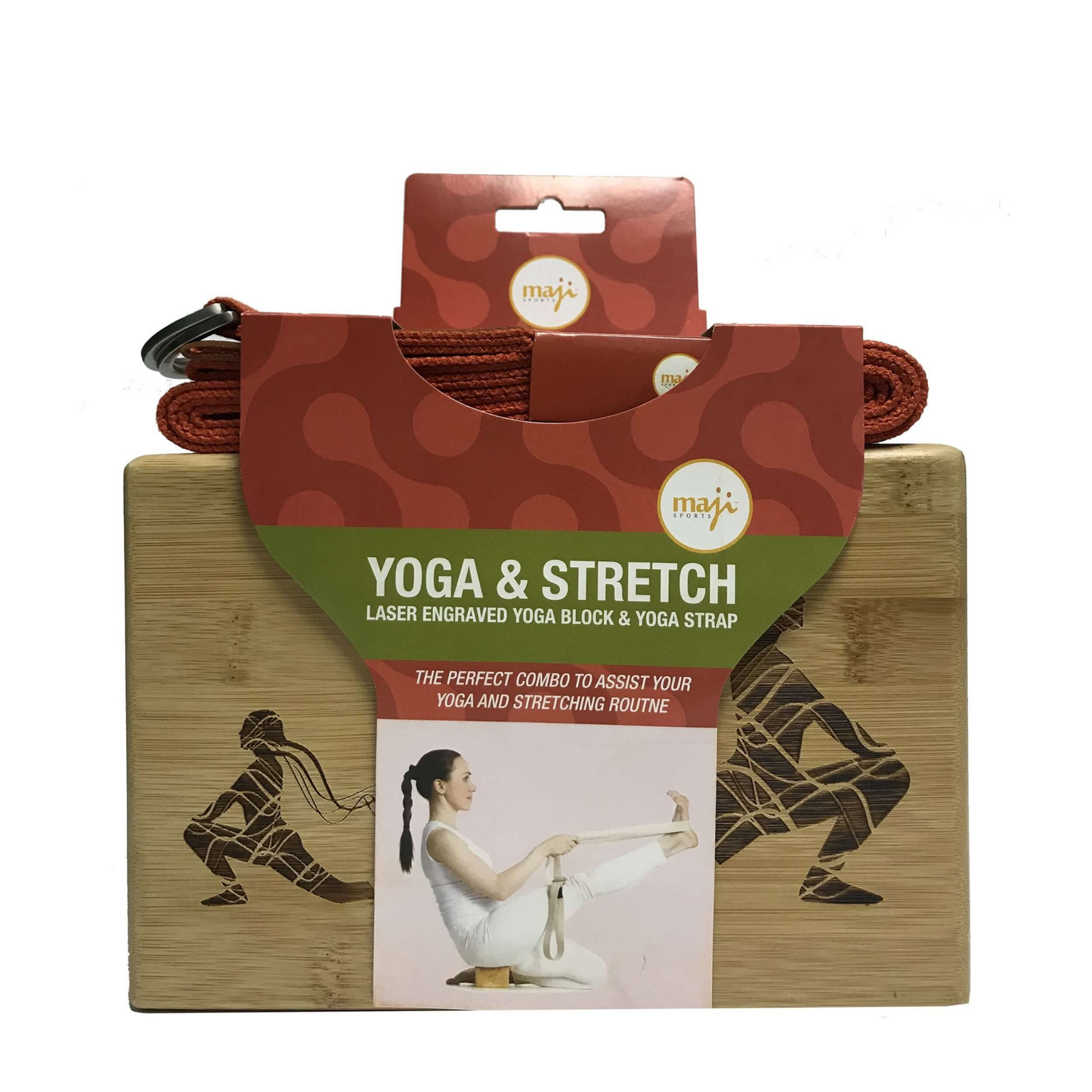 Maji Sports Laser Engraved Bamboo Yoga Block & Strap Combo